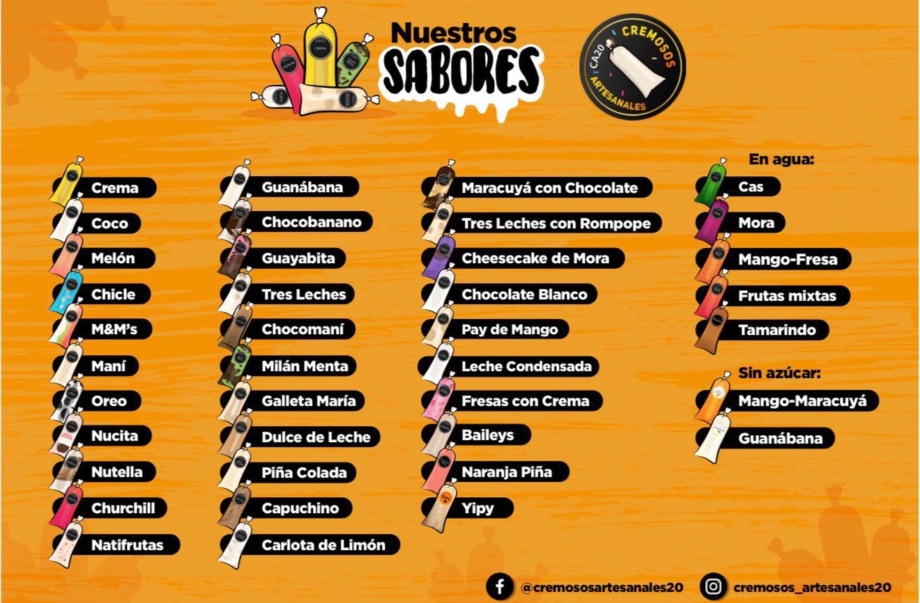 Lista completa de sabores Cremosos Artesanales